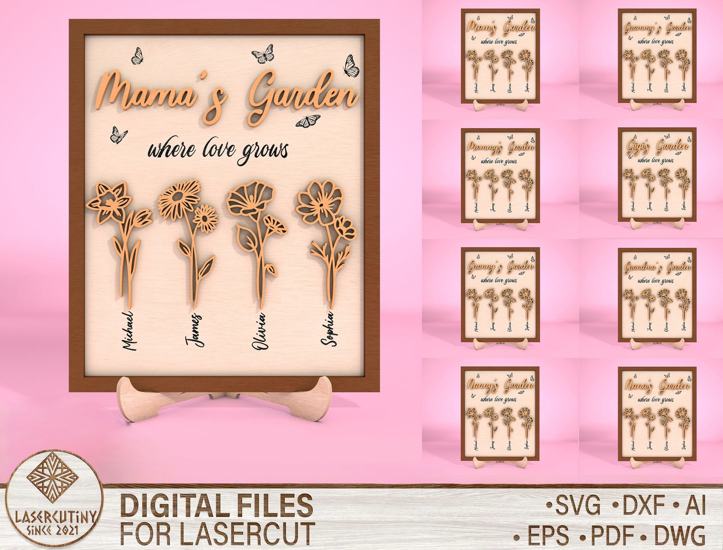 Mom's Garden Personalized Flower Name Sign SVG for LightBurn and xTool
