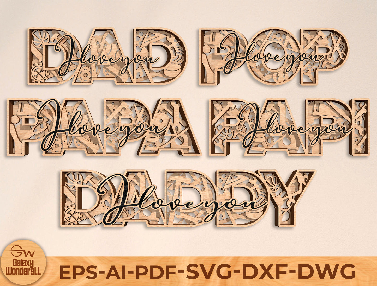 Dad Papa Pops Daddy Tabletop Sign Laser Cut File | Father’s Day Desk Decor | Layered Wooden Word Art | Glowforge, xTool, LightBurn