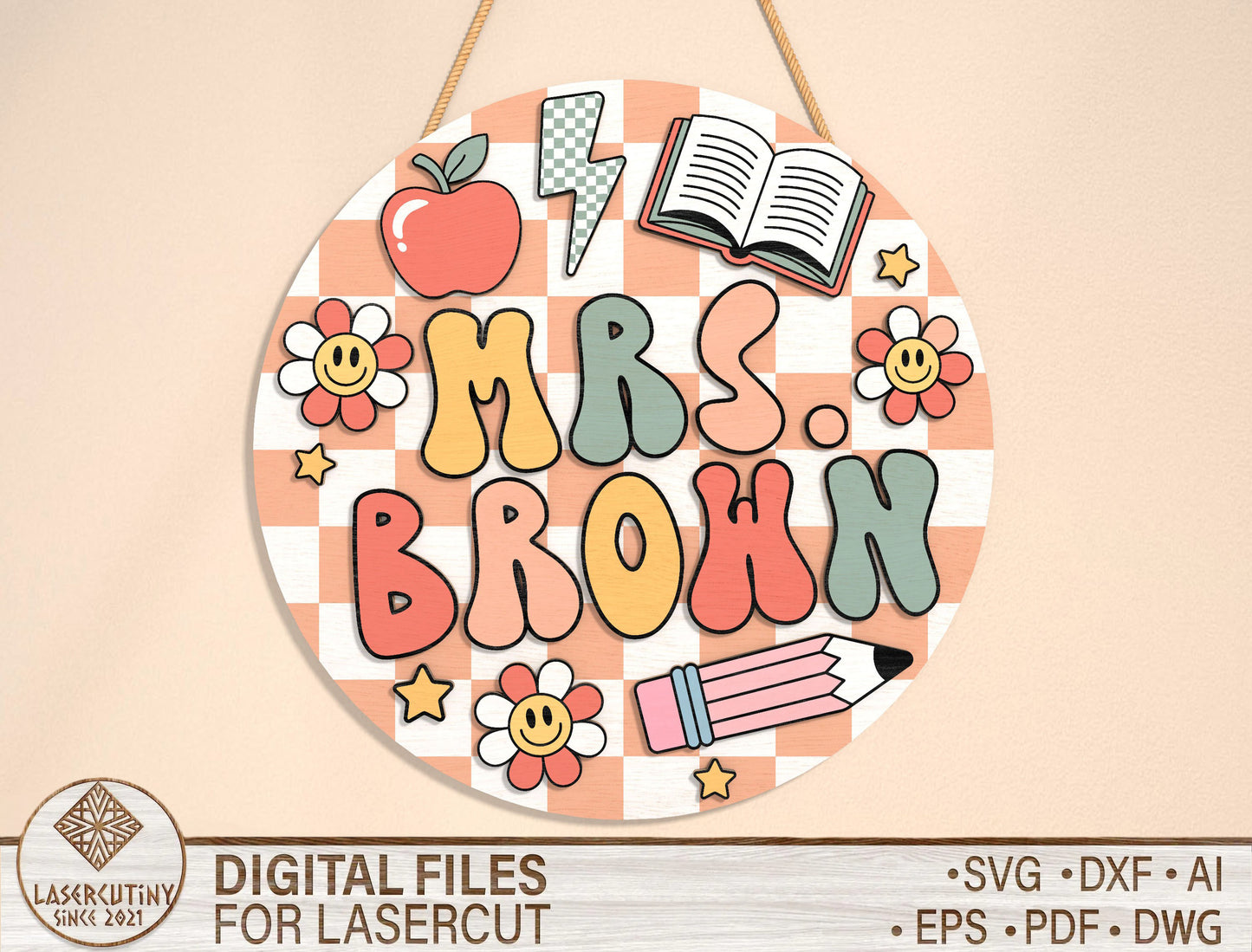 Personalized Retro Gingham Classroom Door Sign SVG Laser Cut File for Glowforge
