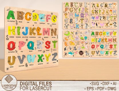 Animal Alphabet Puzzle Board SVG Laser Cut File for xTool and Glowforge