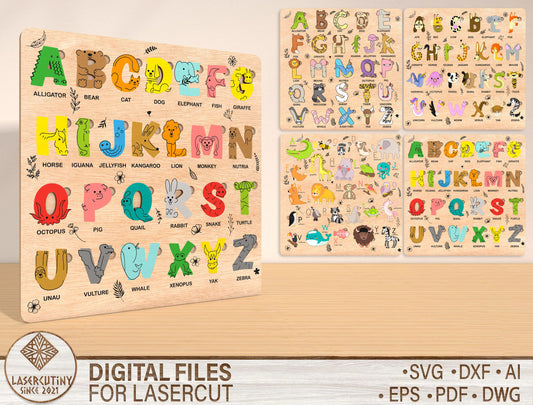 Animal Alphabet Puzzle Board SVG Laser Cut File for xTool and Glowforge