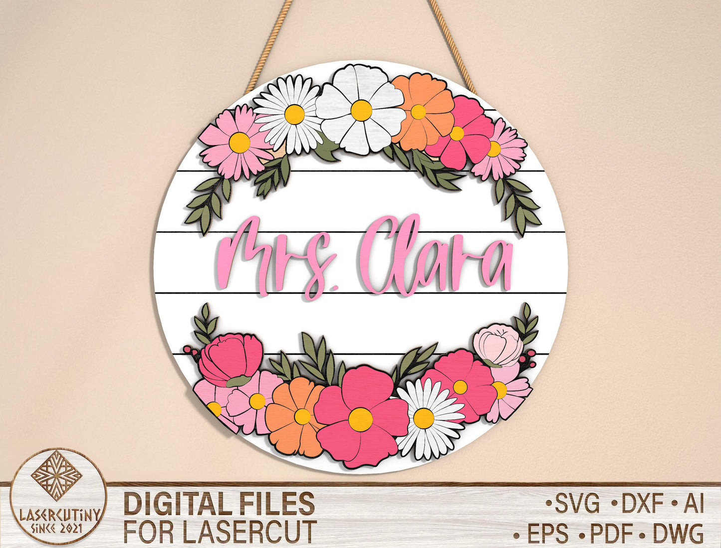 Personalized Floral Teacher Name Sign SVG Laser Cut File for Glowforge and xTool