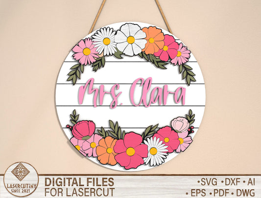 Personalized Floral Teacher Name Sign SVG Laser Cut File for Glowforge and xTool