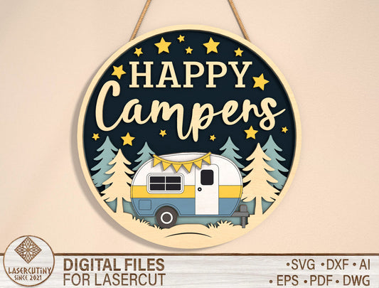 “Happy Campers” RV Door Sign SVG for LightBurn and Glowforge