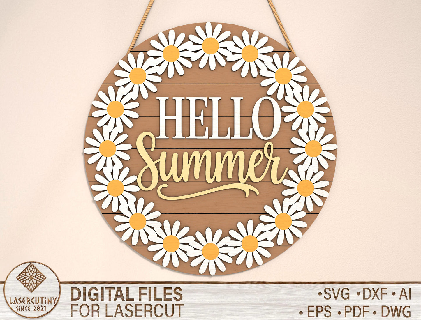 “Hello Summer” Daisy Wreath Door Sign SVG for Glowforge