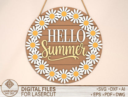 “Hello Summer” Daisy Wreath Door Sign SVG for Glowforge
