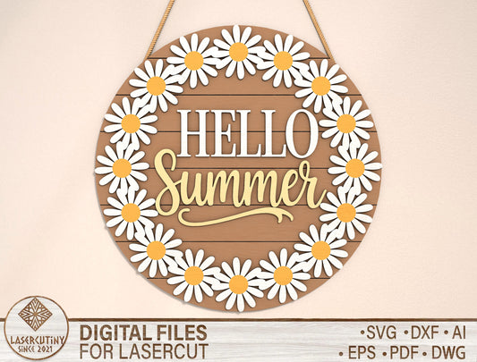 “Hello Summer” Daisy Wreath Door Sign SVG for Glowforge