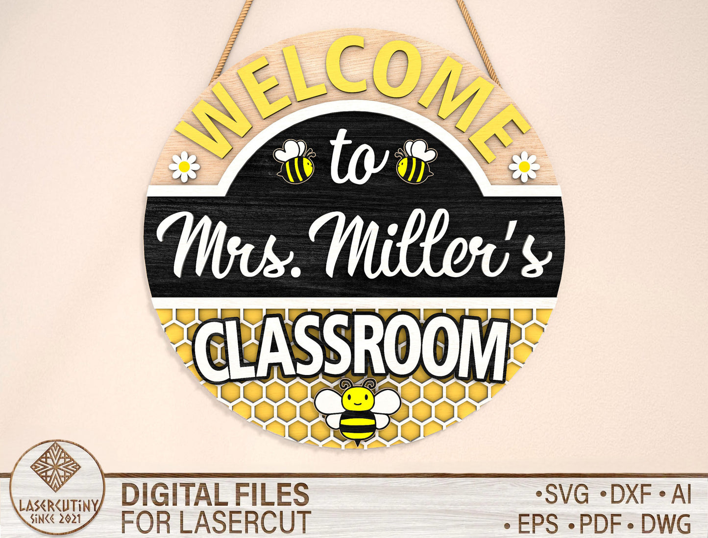 Personalized Bee Classroom Door Sign SVG Laser Cut File for LightBurn