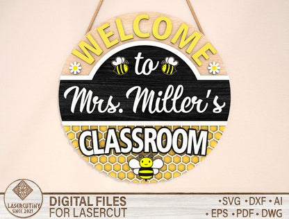 Personalized Bee Classroom Door Sign SVG Laser Cut File for LightBurn