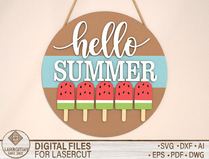 “Hello Summer” Watermelon Popsicle Door Sign SVG for Glowforge