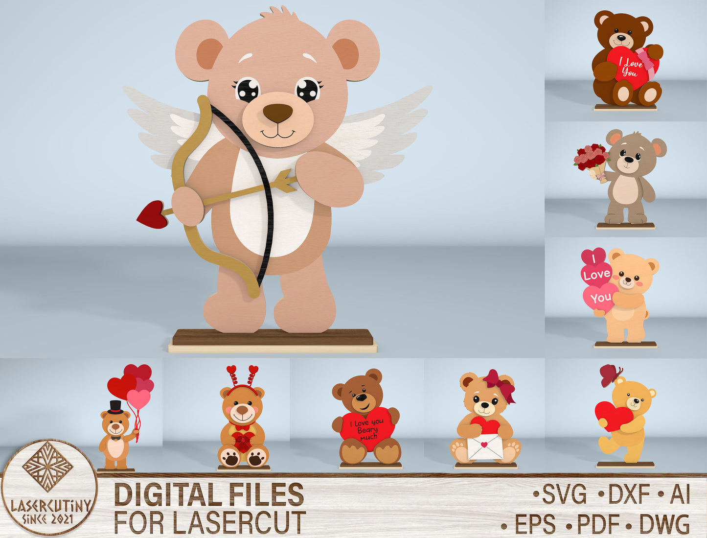 Cute Valentine Bear SVG Bundle Laser Cut File for Glowforge and xTool