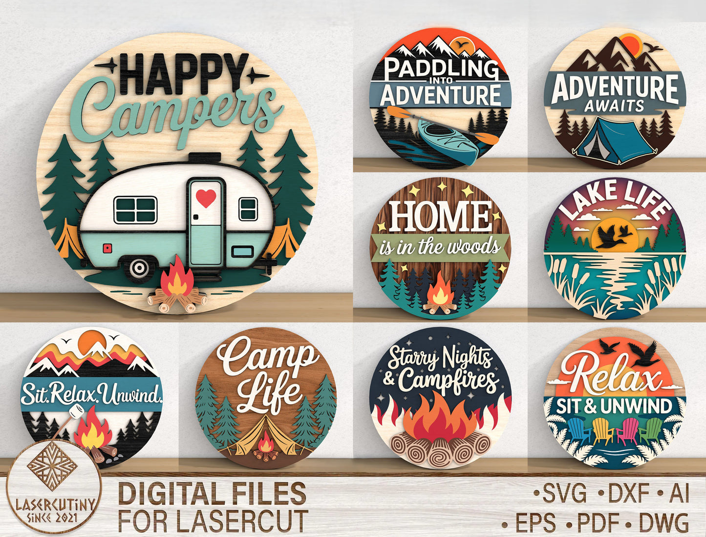 Camping Adventure SVG Bundle with 9 Camper Signs for Glowforge and xTool