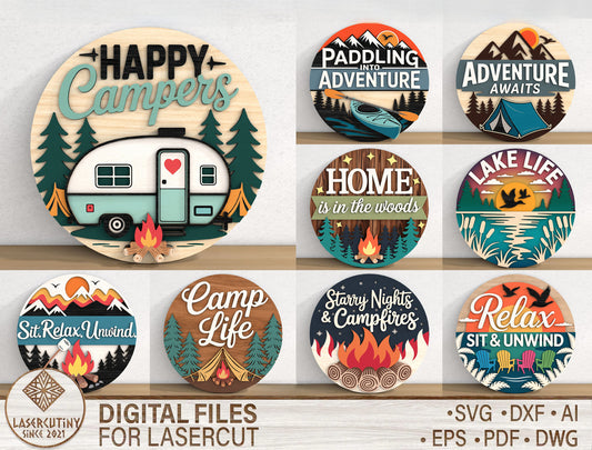 Camping Adventure SVG Bundle with 9 Camper Signs for Glowforge and xTool