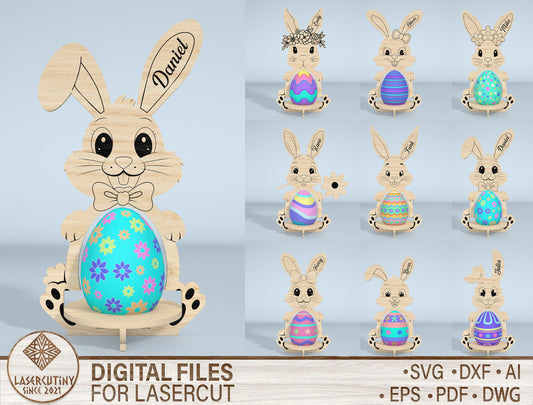 Personalized Bunny Egg Stand SVG Bundle 9 Designs for LightBurn and xTool