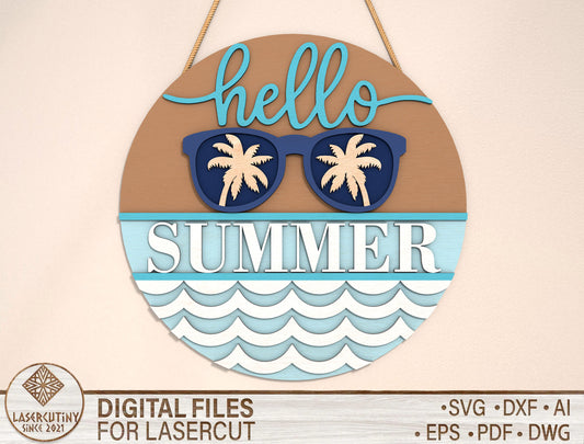 “Hello Summer” Sunglasses Beach SVG Door Sign for Glowforge