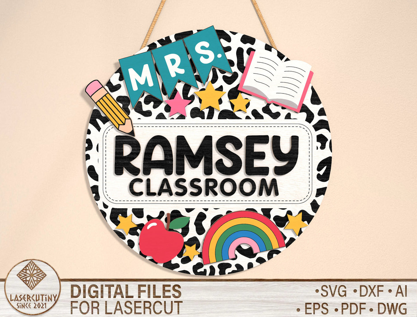 Personalized Doodle Classroom Door Sign SVG Laser Cut File for Glowforge and xTool