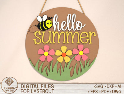 “Hello Summer” Bee Flower SVG Door Sign for Glowforge