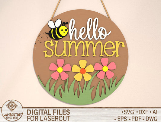 “Hello Summer” Bee Flower SVG Door Sign for Glowforge