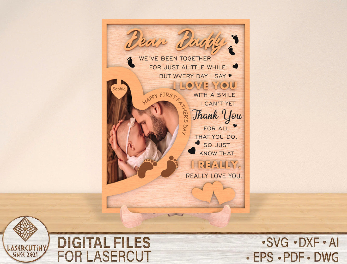 Bear Buddy First Father's Day Photo Frame SVG Laser Cut File for xTool and Glowforge