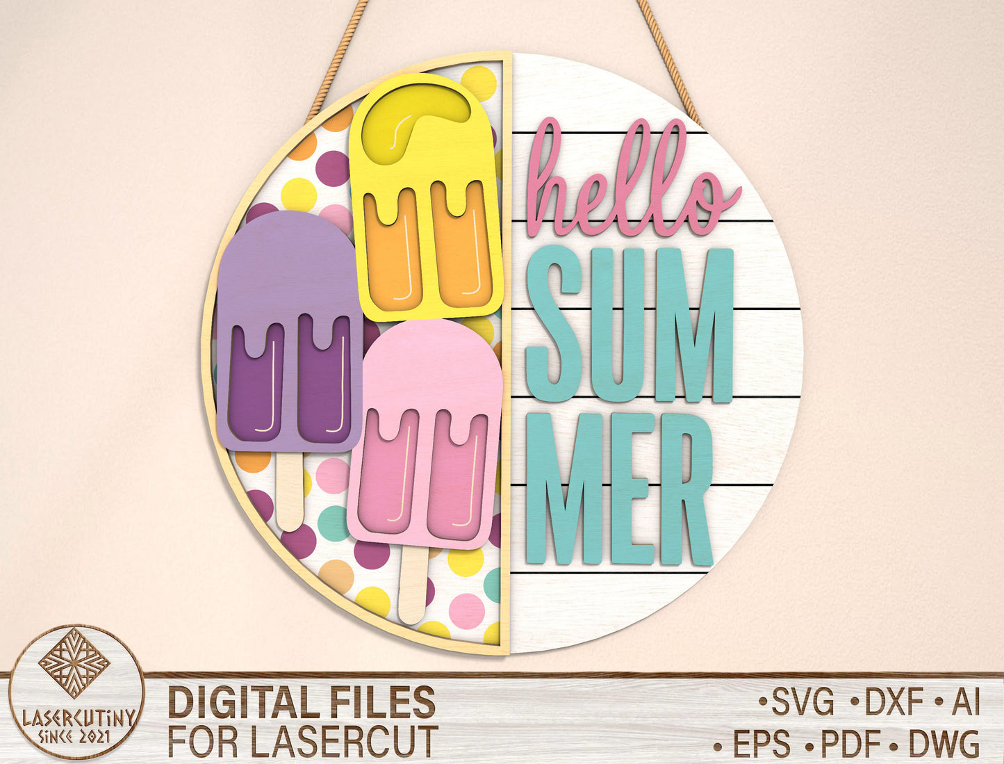 “Hello Summer” Popsicle Door Sign SVG for Glowforge and xTool