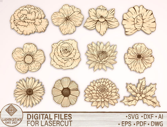 12 Month Flower Shapes Laser Cut File Bundle | Birth Flower Icons | Botanical Wood Cutouts | Glowforge, xTool, LightBurn, etc.