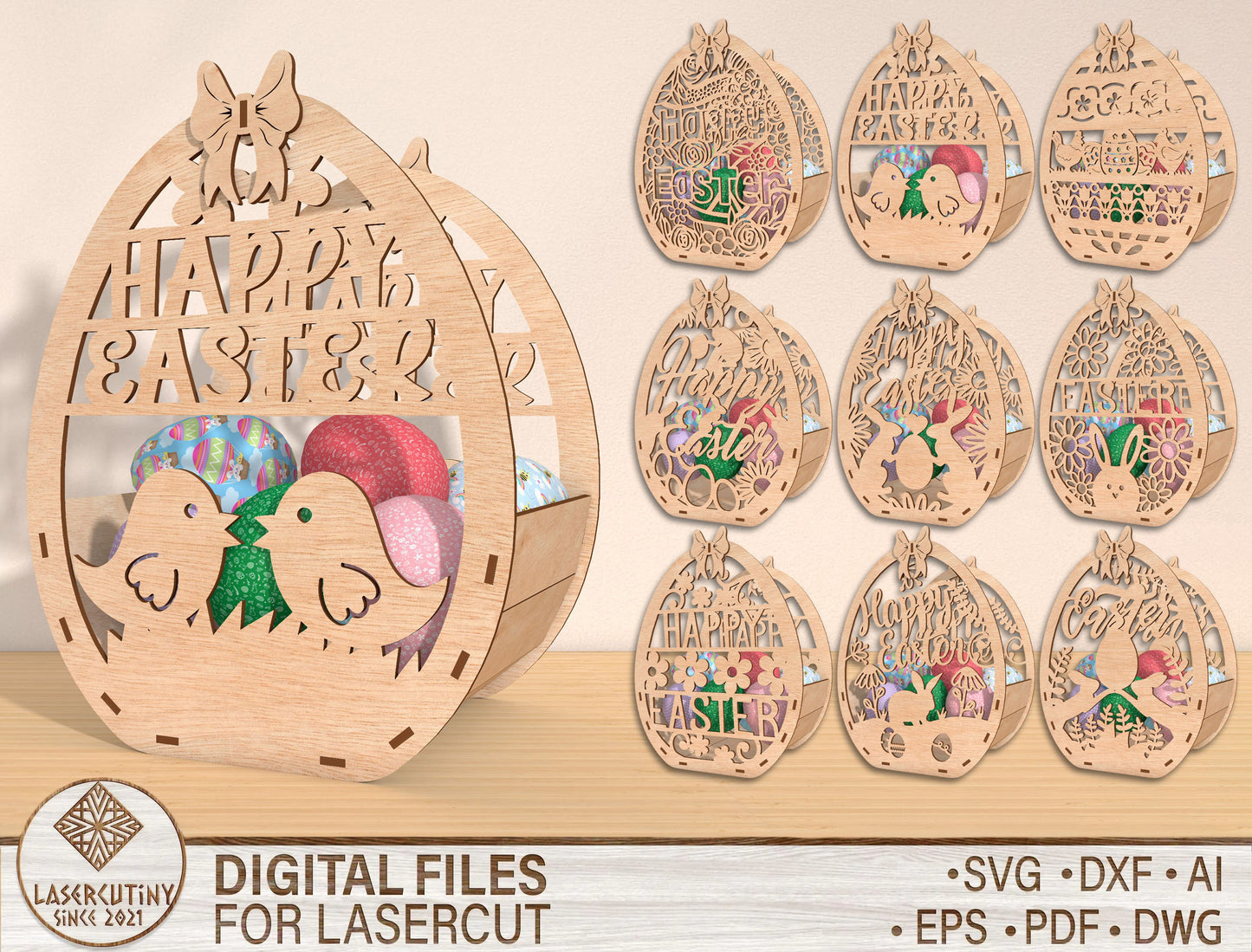 Easter Egg Basket Holder SVG Bundle 9 Bunny Designs for Glowforge and xTool