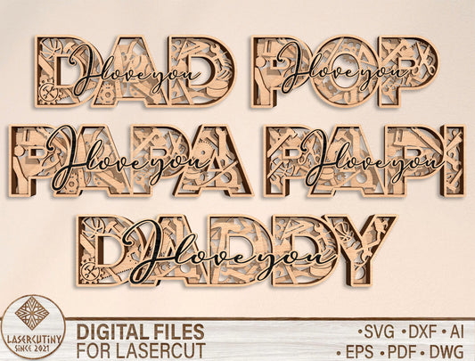 Dad Papa Pops Daddy Tabletop Sign Laser Cut File | Father’s Day Desk Decor | Layered Wooden Word Art | Glowforge, xTool, LightBurn