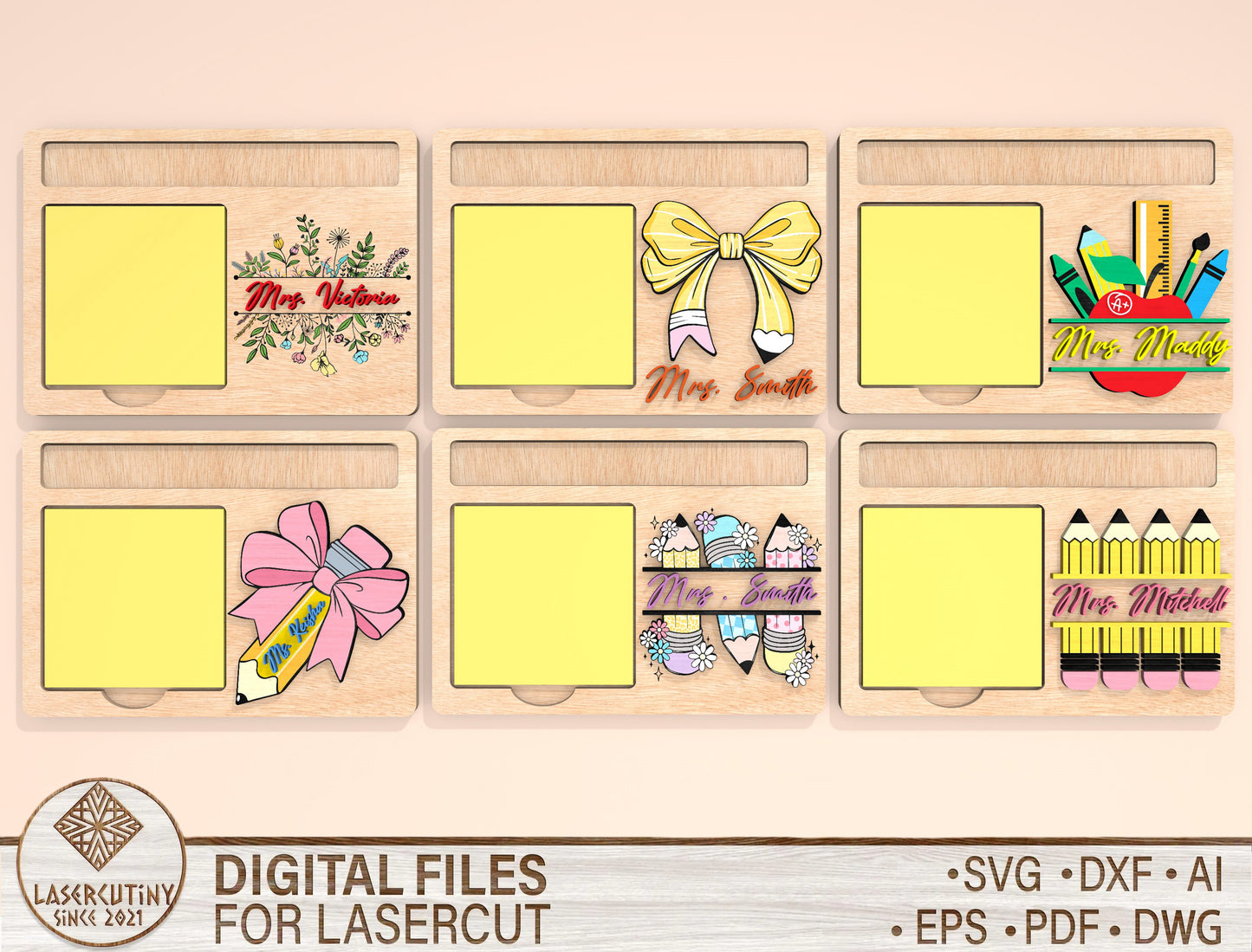 Personalized Teacher Sticky Note Holder SVG Bundle Laser Cut File for Glowforge