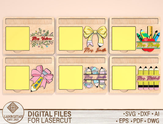 Personalized Teacher Sticky Note Holder SVG Bundle Laser Cut File for Glowforge