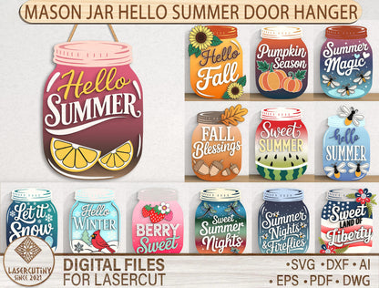 Mason Jar Hello Summer SVG Bundle with 13 Seasonal Door Hangers