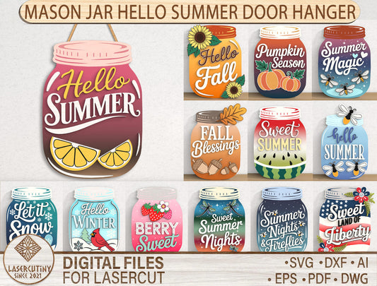 Mason Jar Hello Summer SVG Bundle with 13 Seasonal Door Hangers