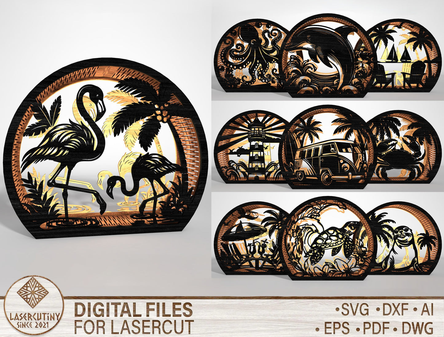 Sea Lantern SVG Bundle with Tropical Ocean Scene Laser Cut Files