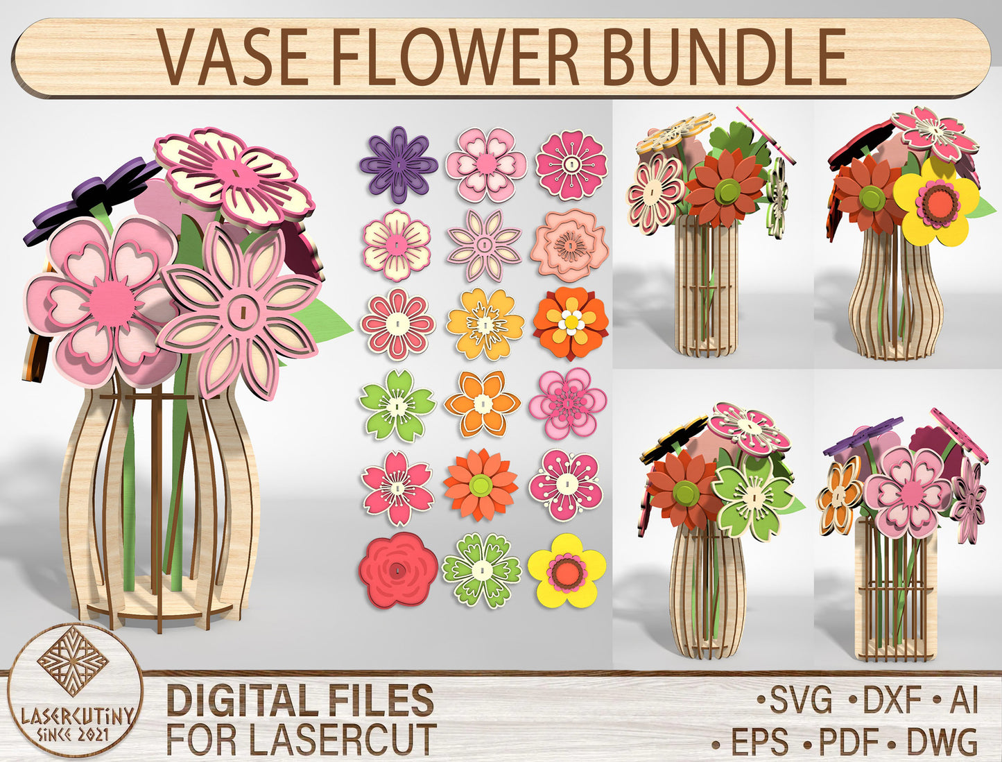 Flower Vase Bundle SVG 18 Flowers Wooden Slotted for Glowforge and xTool
