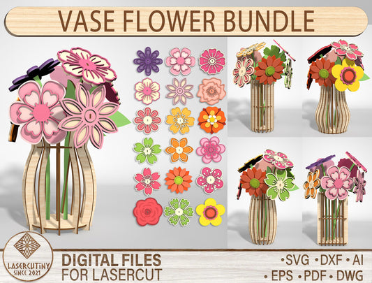 Flower Vase Bundle SVG 18 Flowers Wooden Slotted for Glowforge and xTool