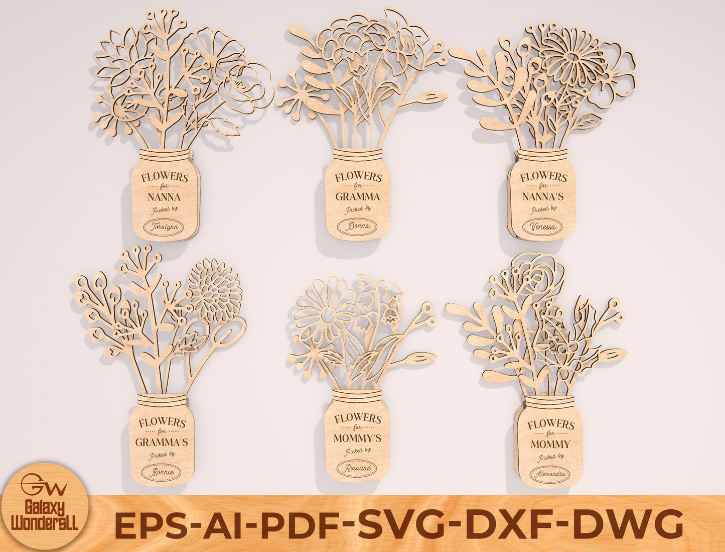 Mother’s Day Month Flower Jar Laser Cut File Bundle | 12 Monthly Flowers | Layered Wooden Decor | Glowforge, xTool, LightBurn, etc.