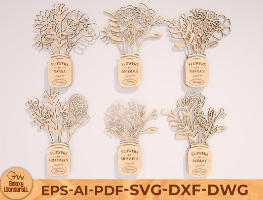 Mother’s Day Month Flower Jar Laser Cut File Bundle | 12 Monthly Flowers | Layered Wooden Decor | Glowforge, xTool, LightBurn, etc.