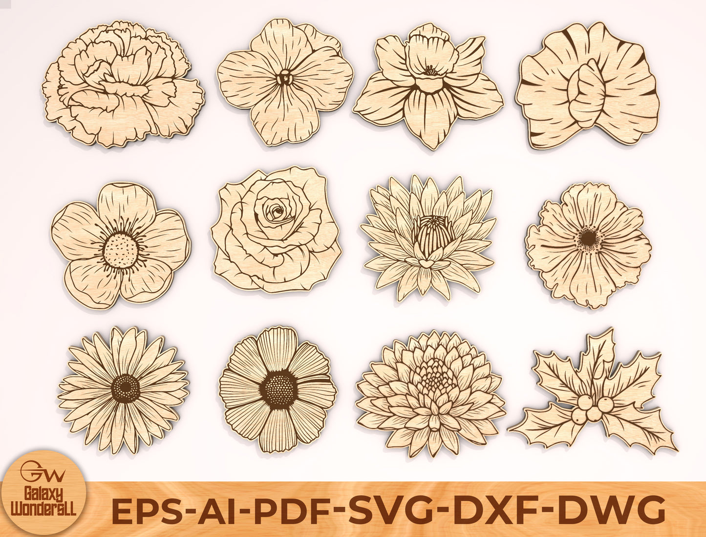12 Month Flower Shapes Laser Cut File Bundle | Birth Flower Icons | Botanical Wood Cutouts | Glowforge, xTool, LightBurn, etc.