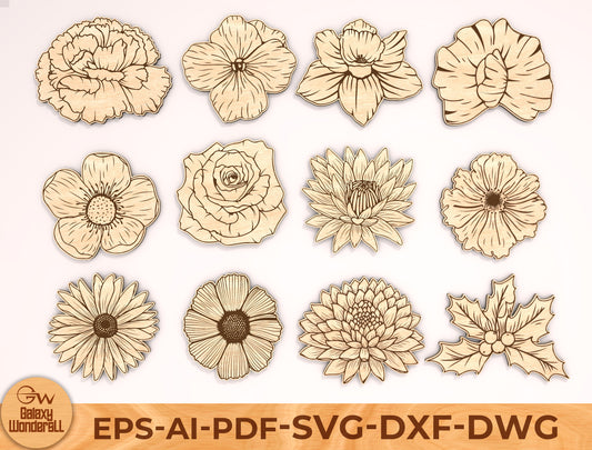 12 Month Flower Shapes Laser Cut File Bundle | Birth Flower Icons | Botanical Wood Cutouts | Glowforge, xTool, LightBurn, etc.