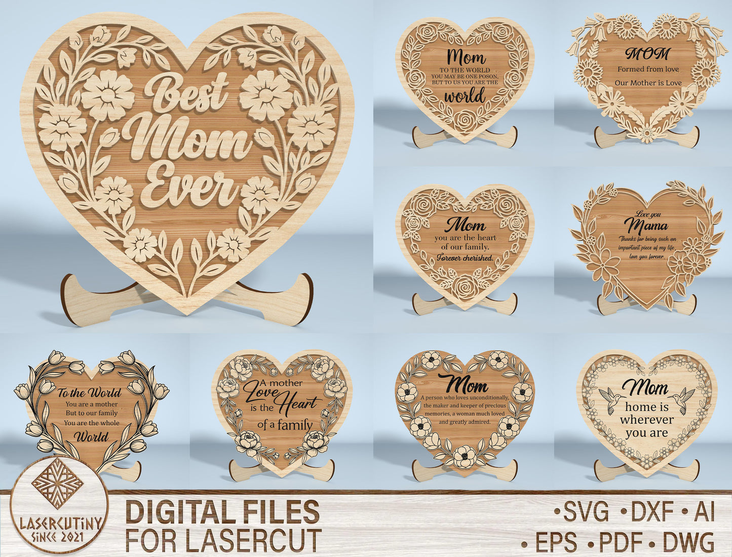 Floral Engraved Heart Stand Sign SVG Bundle for Glowforge
