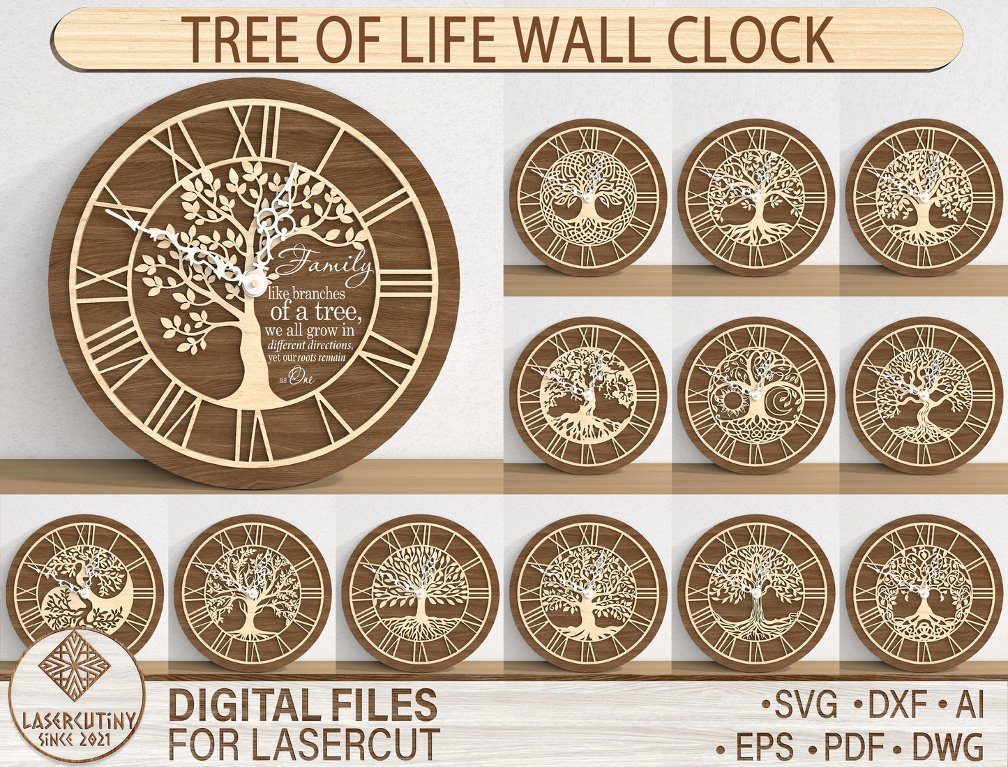 Tree of Life Wall Clock SVG Bundle for Glowforge and LightBurn