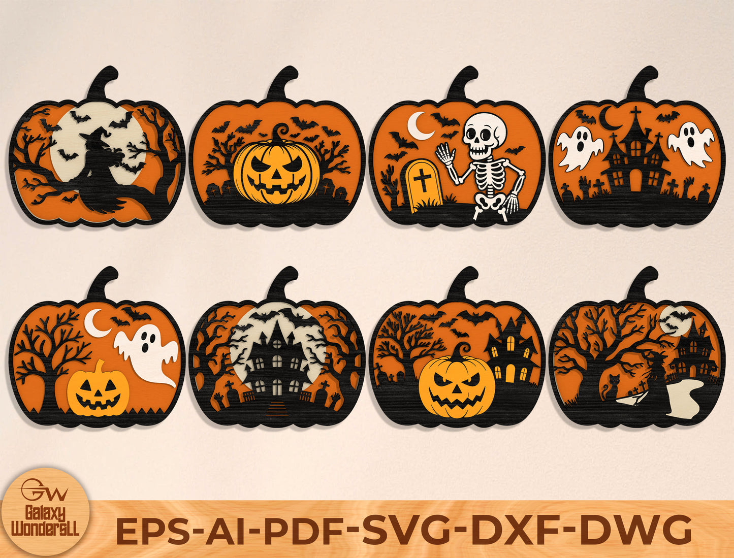 Halloween Pumpkin Scene SVG Bundle Laser Cut File | 8 Spooky Pumpkin Designs | Autumn Wooden Decor | Glowforge, xTool, LightBurn, etc.