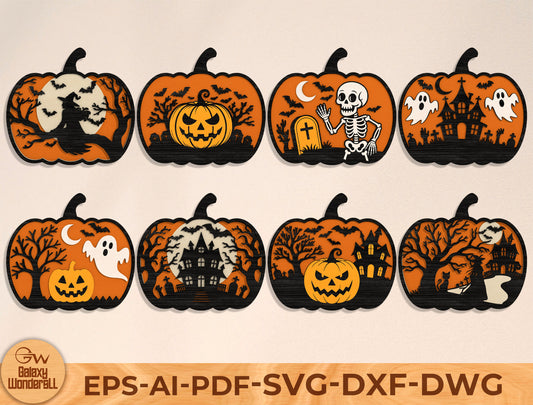 Halloween Pumpkin Scene SVG Bundle Laser Cut File | 8 Spooky Pumpkin Designs | Autumn Wooden Decor | Glowforge, xTool, LightBurn, etc.