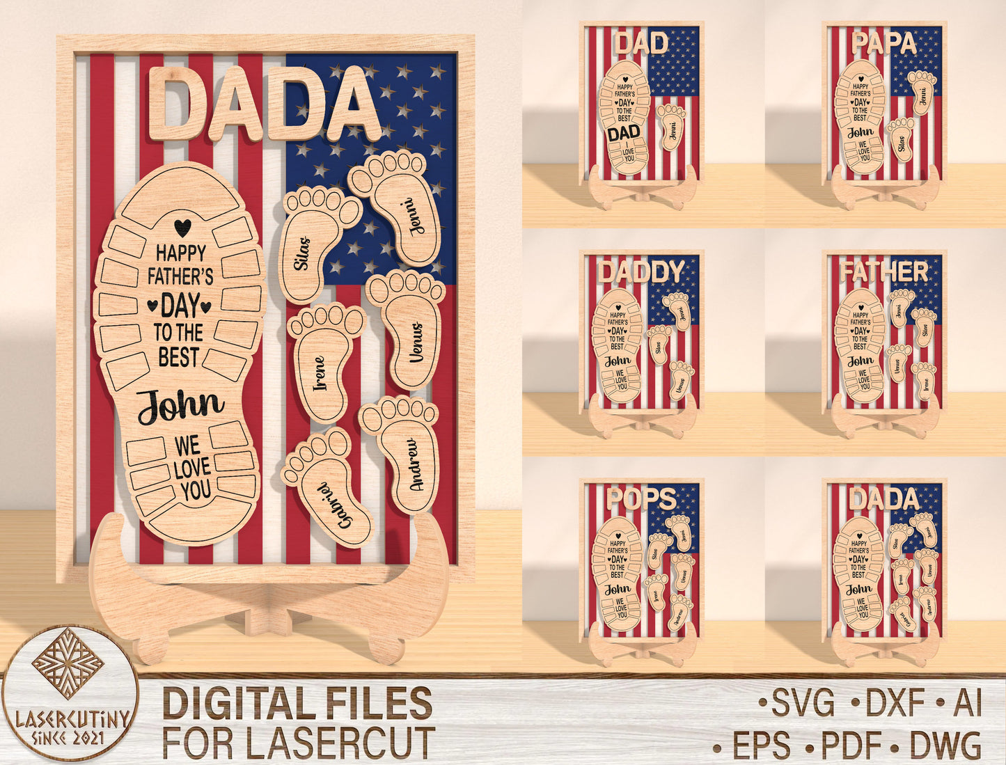 Father's Day Footprint Stand Sign SVG Laser Cut File for Glowforge and LightBurn