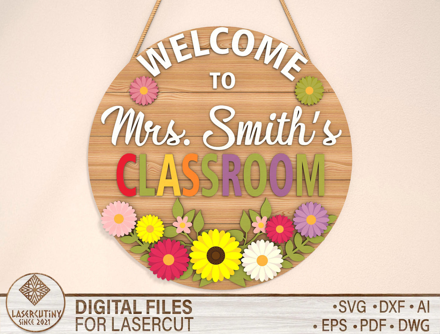 Personalized Floral Classroom Door Sign SVG Laser Cut File for Glowforge