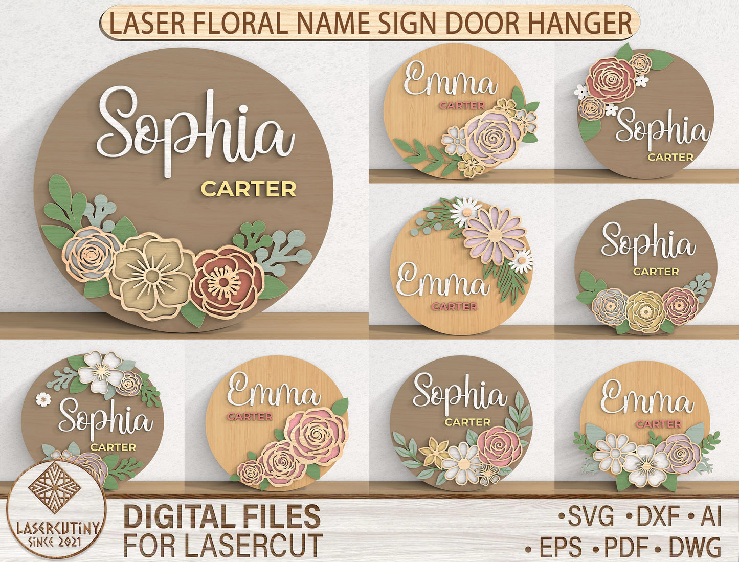 Personalized Floral Name Door Hanger SVG Custom Flower Round Sign Laser Cut File for Glowforge and xTool