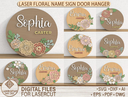 Personalized Floral Name Door Hanger SVG Custom Flower Round Sign Laser Cut File for Glowforge and xTool