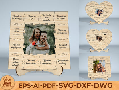 Couple Puzzle Photo Frame Laser Cut File Bundle | Romantic Love Decor | Wooden Keepsake Art | Glowforge, xTool, LightBurn, etc.