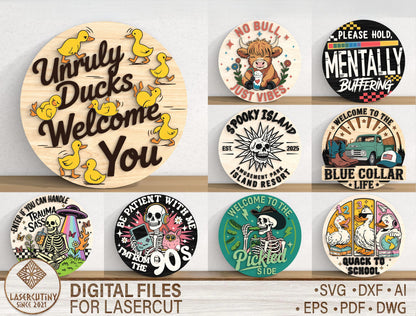 Funny Duck Door Hanger SVG Bundle 8 Round Sign Designs for xTool Glowforge LightBurn