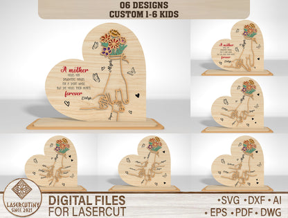 Heart Shaped Mom Kids Name Sign SVG Personalized Laser Cut File for xTool and LightBurn