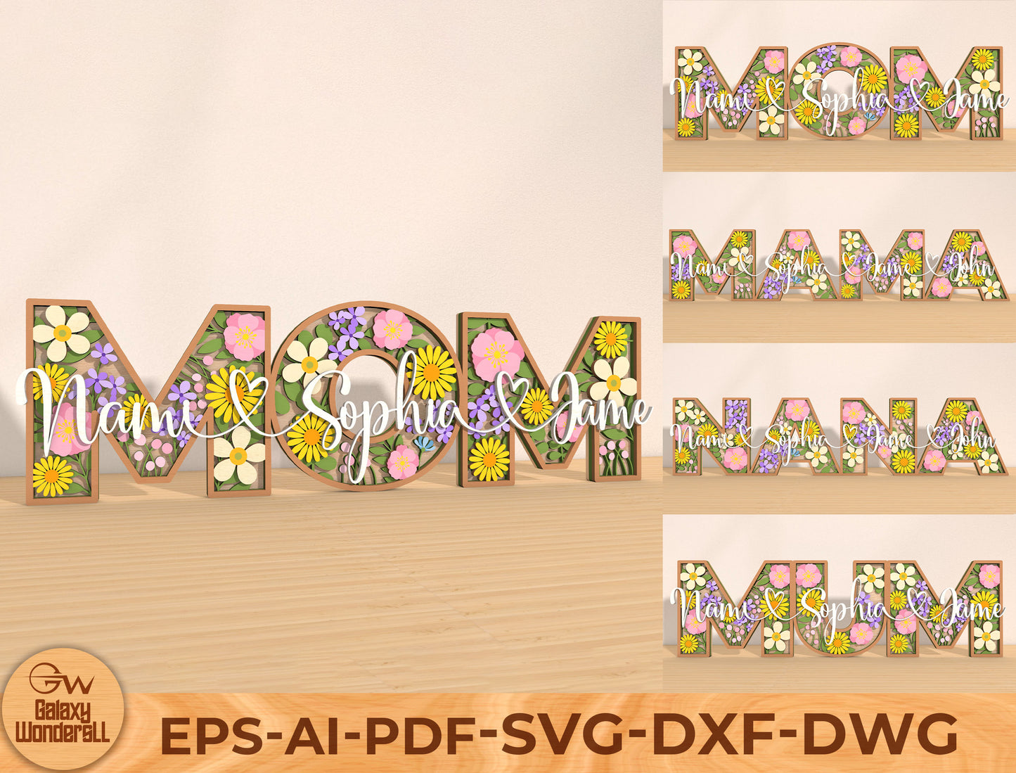 Personalized MOM Floral Name Laser Cut File | Custom Mother’s Day Decor | Layered Botanical Letters | Glowforge, xTool, LightBurn Compatible